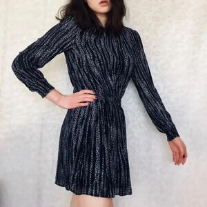 Michael Kors Navy Blue and White Striped Long Sleeve Chiffon Dress Size M